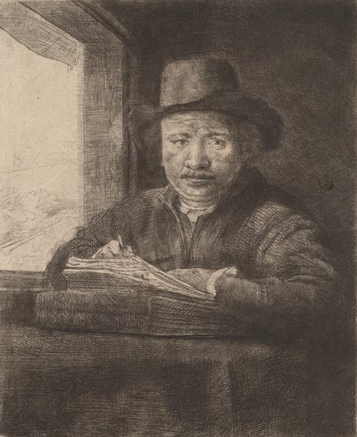 Desenho de autorretrato em uma janela, 1648. de Rembrandt van Rijn