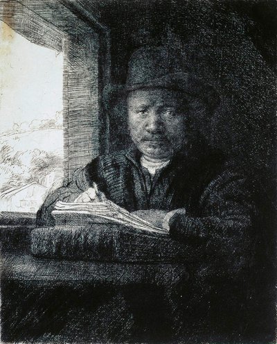 Desenho de auto-retrato por uma janela, 1648. de Rembrandt van Rijn