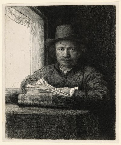 Gravura de autorretrato em uma janela de Rembrandt van Rijn