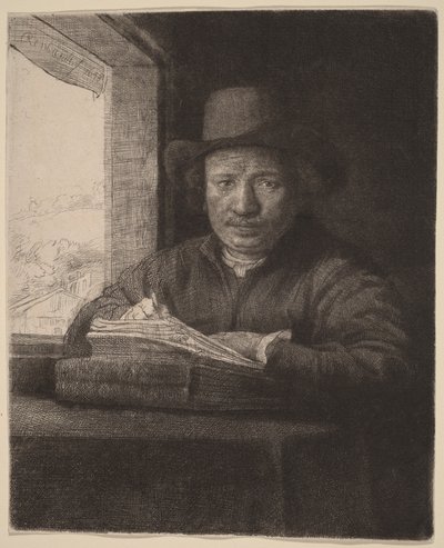 Auto-retrato em gravura junto a uma janela de Rembrandt van Rijn