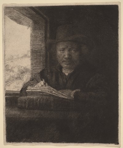 Auto-retrato em gravura junto a uma janela de Rembrandt van Rijn