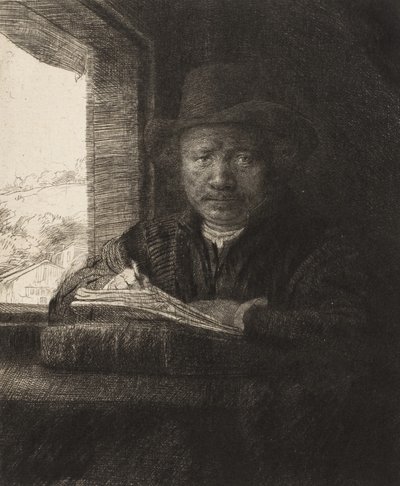 Gravura de autorretrato em uma janela, 1648., 1648. de Rembrandt van Rijn