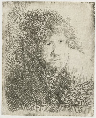 Auto-retrato, inclinando-se para a frente, ouvindo, 1628. de Rembrandt van Rijn