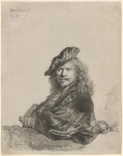 Auto-retrato apoiado em um peitoril de pedra de Rembrandt van Rijn