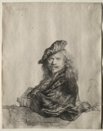 Auto-retrato, apoiando-se em um peitoril de pedra, 1639. de Rembrandt van Rijn