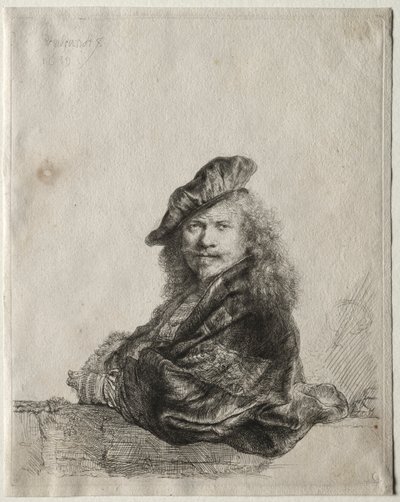 Auto-retrato encostado em um peitoril de pedra, 1639. de Rembrandt van Rijn