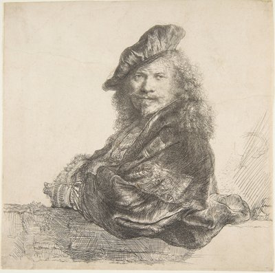 Auto-retrato, encostado em uma parede de pedra, 1639. de Rembrandt van Rijn