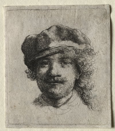 Autorretrato usando um boné macio: rosto inteiro, apenas cabeça de Rembrandt van Rijn