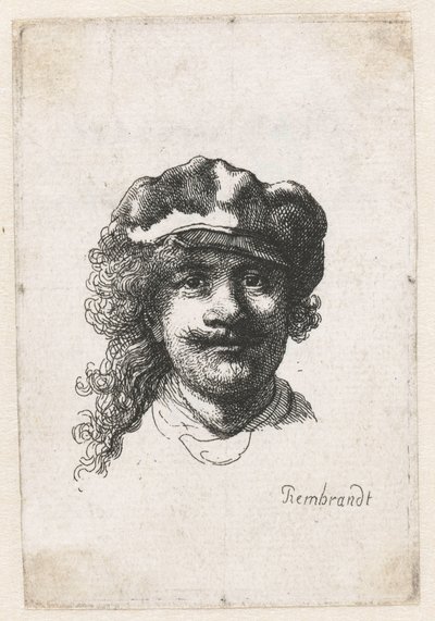 Auto-retrato usando um boné macio: rosto inteiro, apenas cabeça, c. 1635. de Rembrandt van Rijn