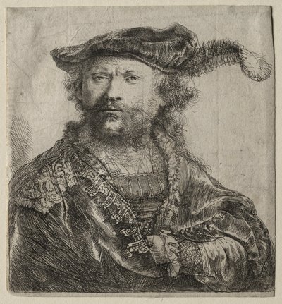 Auto-retrato em boné de veludo com Plume, 1638. de Rembrandt van Rijn