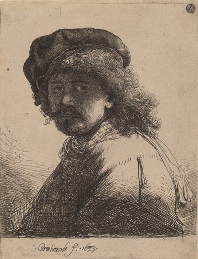 Auto-retrato de boné e lenço com o rosto escuro, 1633. de Rembrandt van Rijn