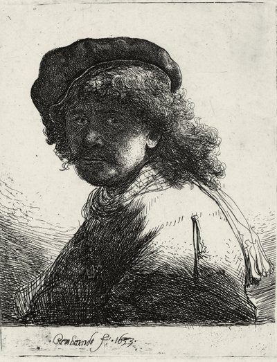 Auto-retrato em um boné e lenço com o rosto escuro, 1633 de Rembrandt van Rijn