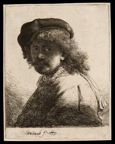 Autorretrato de boné e lenço com o rosto escuro: busto de Rembrandt van Rijn
