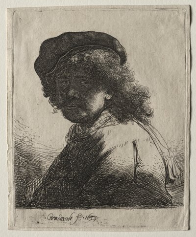 Autorretrato de boné e lenço com o rosto escuro: busto de Rembrandt van Rijn