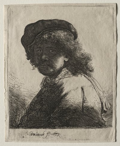 Auto-retrato em um boné e lenço com o rosto escuro: busto, 1633. de Rembrandt van Rijn