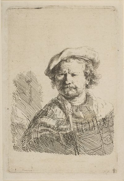 Auto-retrato em uma tampa plana e vestido bordado, ca. 1642 de Rembrandt van Rijn