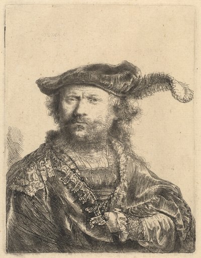 Auto-retrato em um gorro de veludo com pluma de Rembrandt van Rijn