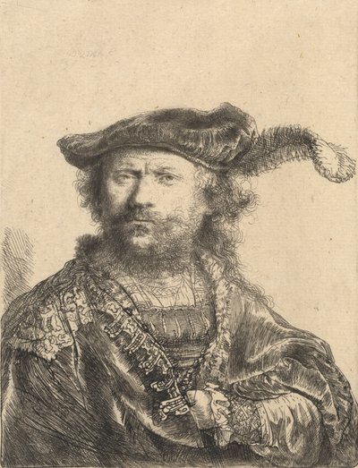 Auto-retrato em um gorro de veludo com pluma, 1638. de Rembrandt van Rijn