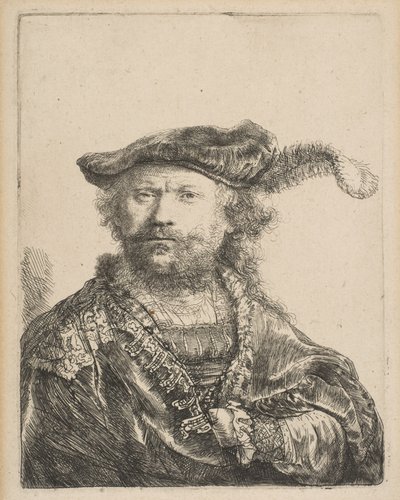 Auto-retrato em um boné de veludo com Plume, 1638. de Rembrandt van Rijn