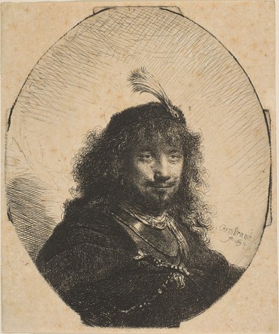 Auto-retrato com tampa emplumada e sabre abaixado, 1634. de Rembrandt van Rijn