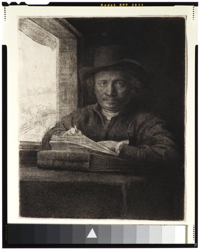 Auto-retrato, gravura em uma janela, 1648 (gravura e gravura em papel) de Rembrandt van Rijn