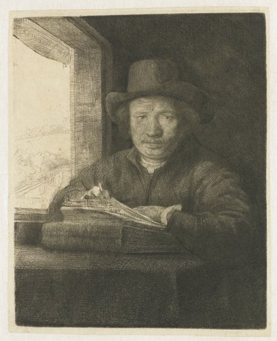 Gravura de auto-retrato a uma janela de Rembrandt van Rijn