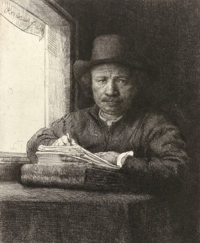 Auto-retrato gravura em uma janela, 1648 de Rembrandt van Rijn