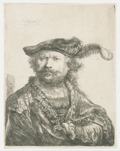 Auto-retrato em um gorro de veludo com pluma Auto-retrato em um gorro de veludo com pluma de Rembrandt van Rijn