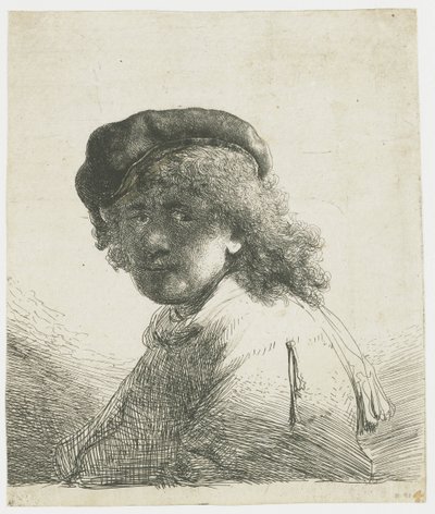 Autorretrato de boné e lenço com o rosto escuro: busto de Rembrandt van Rijn