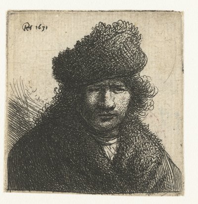 Auto-retrato com uma capa de pele inclinada: busto de Rembrandt van Rijn