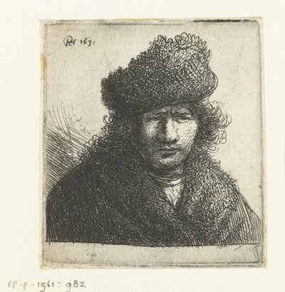 Auto-retrato com uma capa de pele inclinada: busto de Rembrandt van Rijn