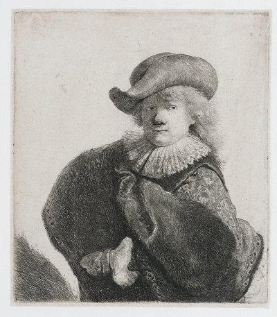 Auto-retrato com um chapéu macio e uma capa estampada de Rembrandt van Rijn