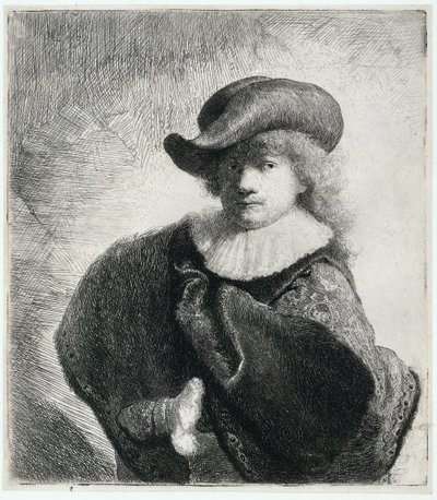 Auto-retrato com chapéu macio e manto bordado, 1631. de Rembrandt van Rijn