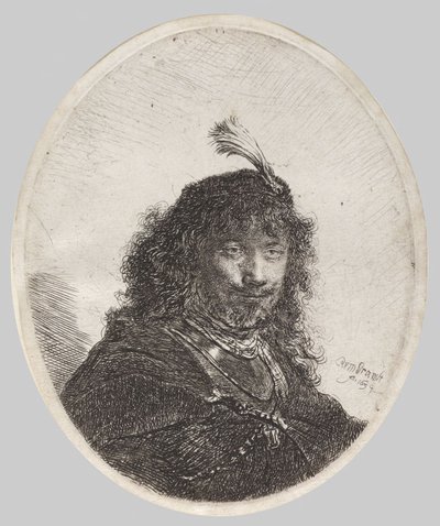 Auto-retrato com gorro emplumado e sabre abaixado de Rembrandt van Rijn