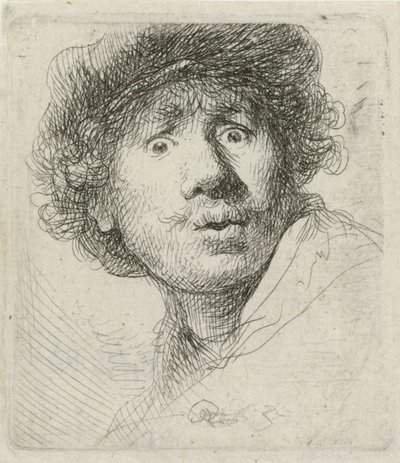 Auto-retrato com boina e olhos arregalados, 1630 de Rembrandt van Rijn