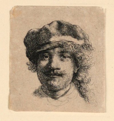Auto-retrato usando um boné macio: rosto inteiro, apenas cabeça de Rembrandt van Rijn