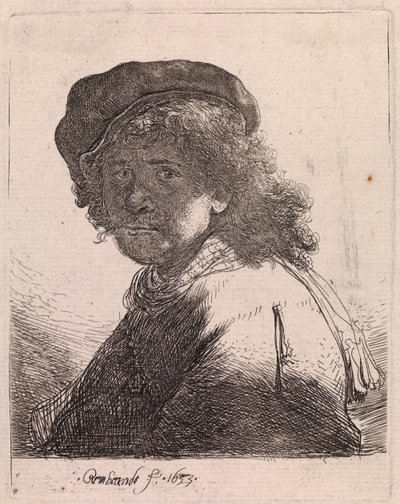 Auto-retrato com boné e cachecol, com o rosto escurecido de Rembrandt van Rijn