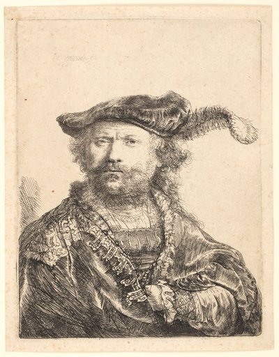 Autorretrato em um gorro de veludo com pluma de Rembrandt van Rijn