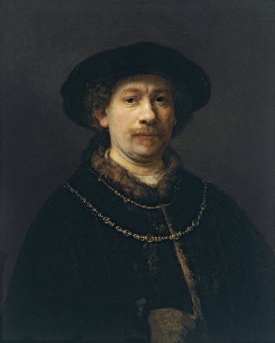 Auto-retrato com boina e duas correntes de ouro, ca 1642 de Rembrandt van Rijn