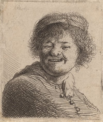 Auto-retrato em um boné rindo, 1630 de Rembrandt van Rijn