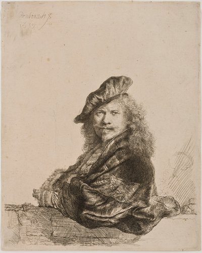 Auto-retrato apoiado em um peitoril da janela, 1639 (gravura e ponto seco) de Rembrandt van Rijn