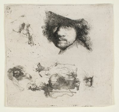 Série de estudos: Cabeça do artista, um casal de mendigos, cabeças de um homem idoso e de uma mulher idosa, etc. de Rembrandt van Rijn