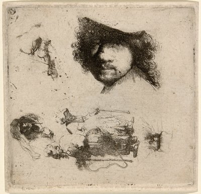 Folha de Estudos: Cabeça do Artista, Casal de Mendigos, Cabeças de Velho e Velha, etc. de Rembrandt van Rijn