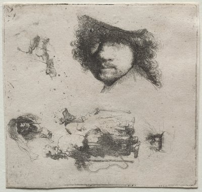 Folha de Estudos: Autorretrato, Casal de Mendigos, etc. de Rembrandt van Rijn