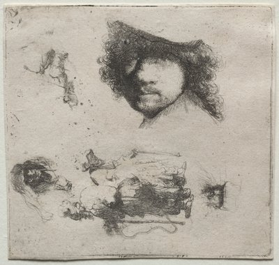 Folha de estudos: Auto-retrato, um casal de mendigos, etc., c. 1632 de Rembrandt van Rijn