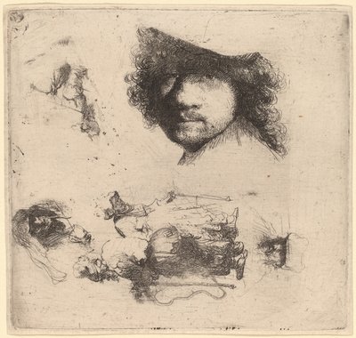 Folha de estudos, incluindo o chefe do artista, um casal de mendigos, cabeças de um velho e uma velha de Rembrandt van Rijn