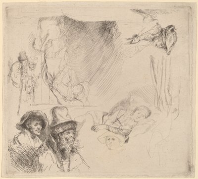Folha de estudos incluindo uma mulher deitada doente na cama de Rembrandt van Rijn