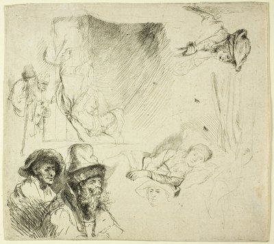 Folha de estudos, com uma mulher deitada doente na cama de Rembrandt van Rijn