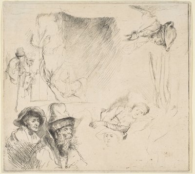 Folha de estudos com uma mulher deitada doente na cama, etc., ca. 164142. de Rembrandt van Rijn