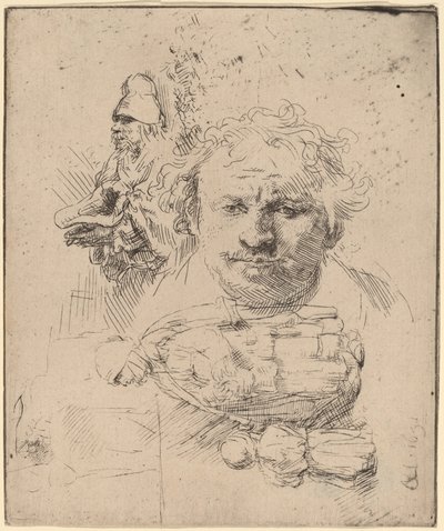 Folha de estudos com o chefe do artista, um mendigo e mulher e criança de Rembrandt van Rijn